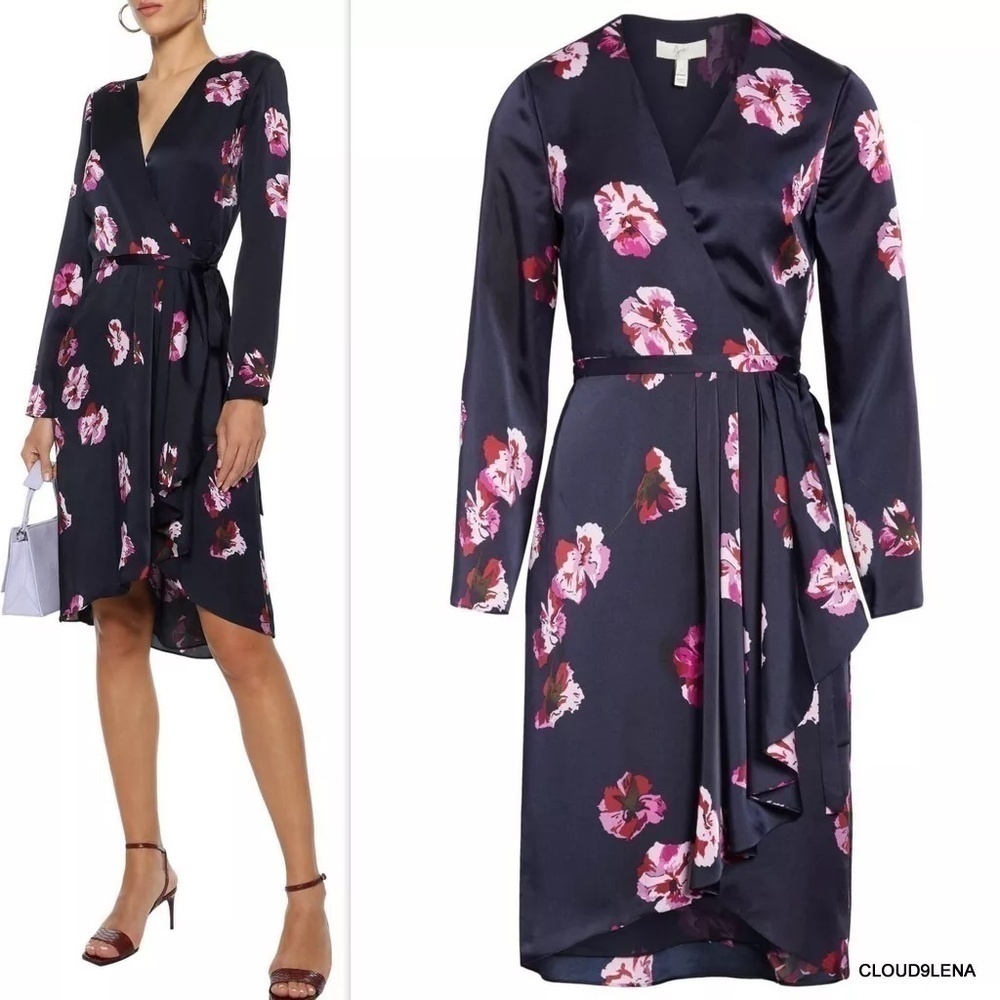 [Nwt] Joie Navy Pink Floral Print Silky Satin Wrap Long Sleeve Midi Dress - Sz S